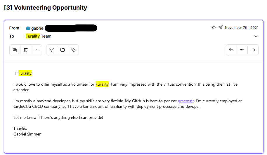 Initial email sent to Furality to volunteer