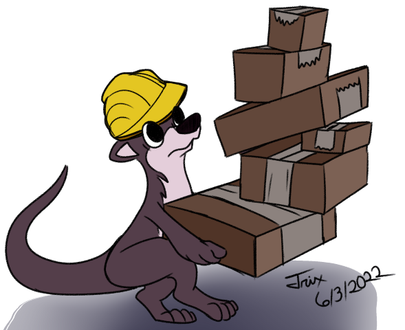 Otter service mascot, an otter carrying a stack of boxes wearing a hard hat